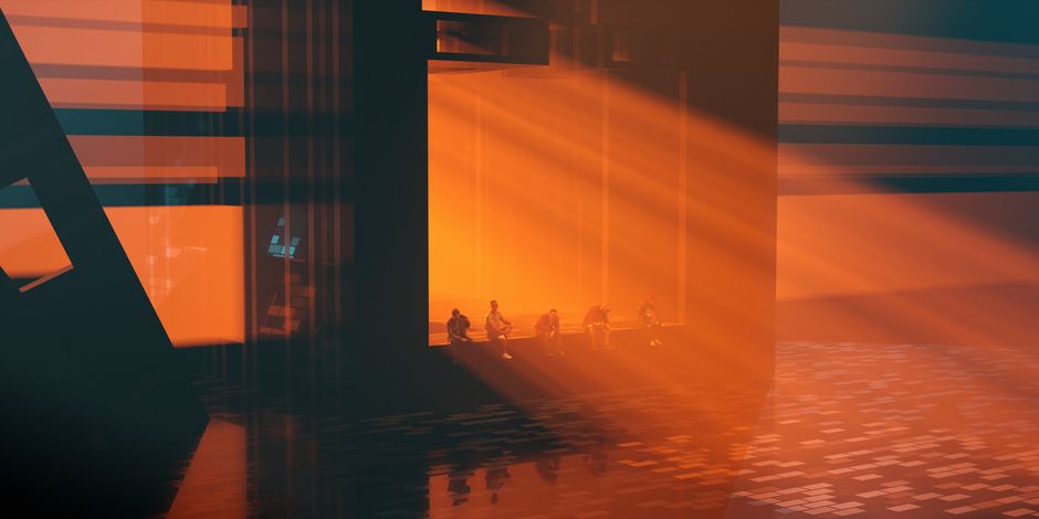 A stylized urban setting with dramatic lighting and silhouettes, evoking mood and mystery.