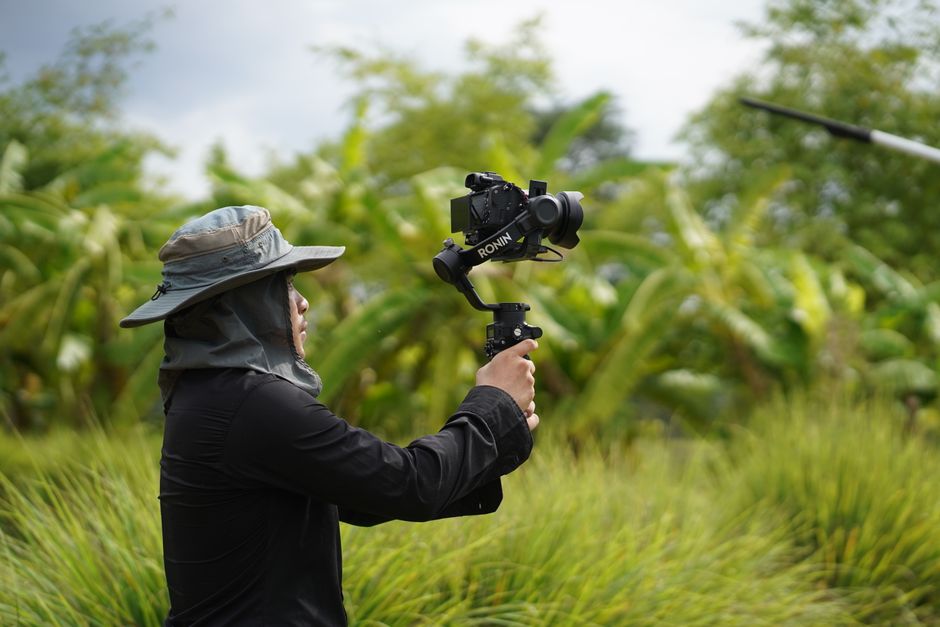 Cinematographer with stabilizer filming in lush countryside, capturing nature's essence.