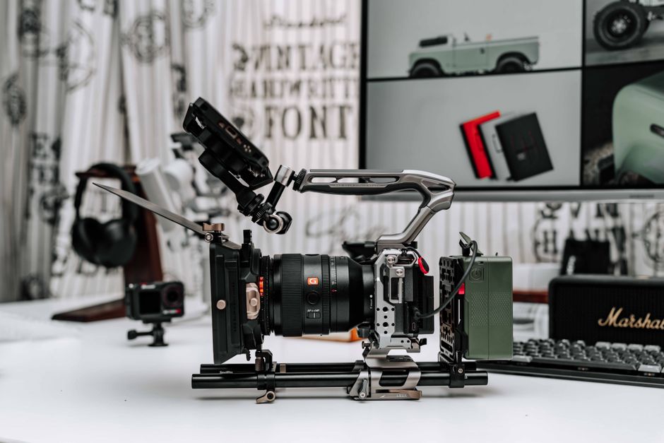 High-end camera rig setup displayed in a contemporary studio environment.