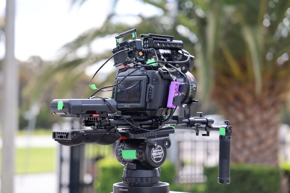 Close-up of a professional camera on a tripod, set outdoors with palm trees in the background.