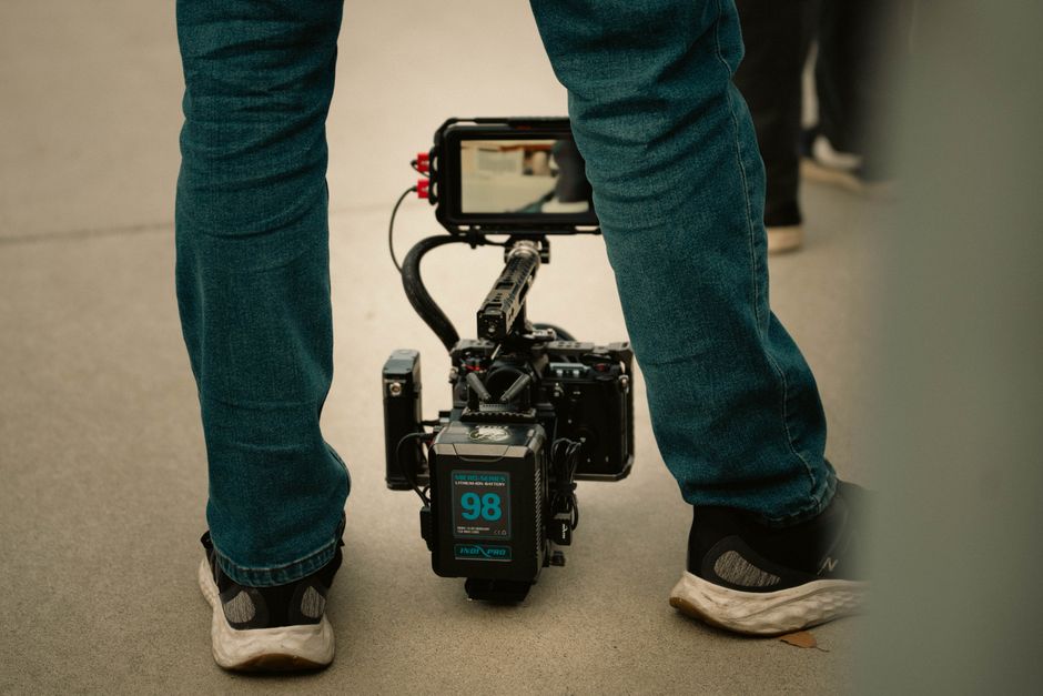 Close-up of a modern professional camera rig setup in outdoor filming.