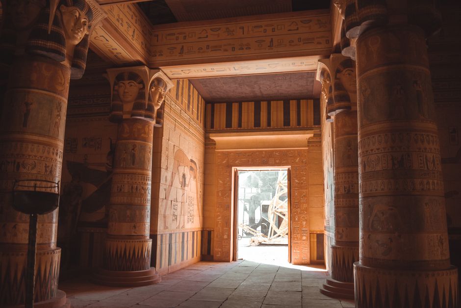 Explore a detailed replica of ancient Egyptian architecture in Ouarzazate, Morocco.