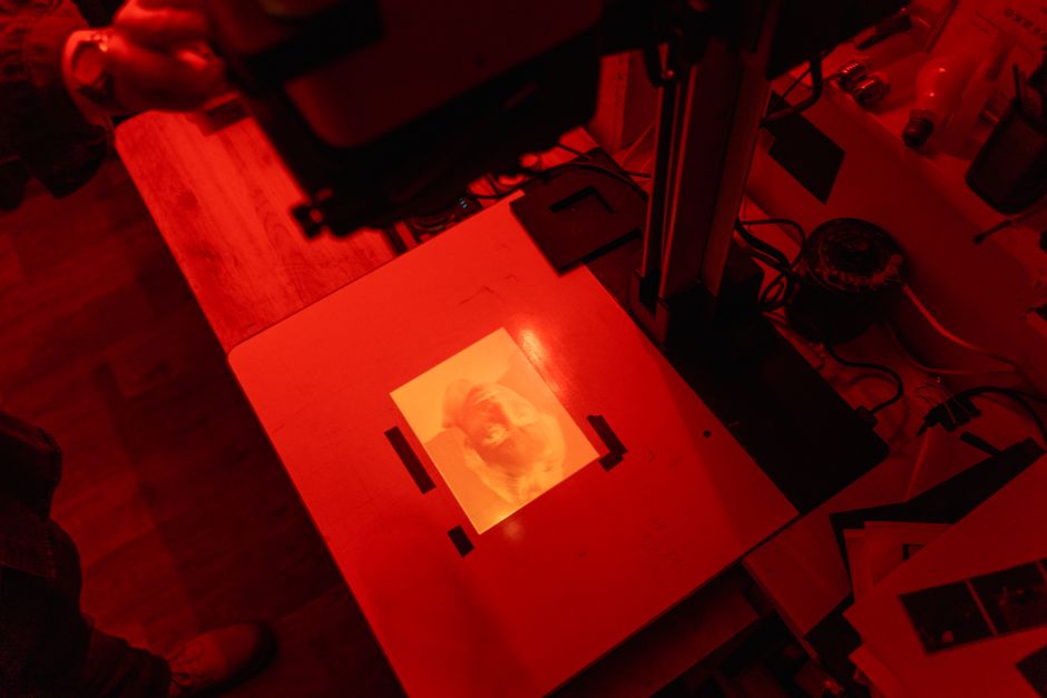 Overhead shot of a film photo being developed in a red-lit darkroom environment.