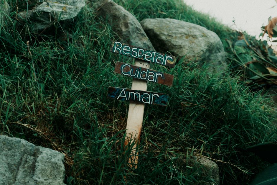 A wooden sign with words 'Respetar, Cuidar, Amar' in Spanish, set in grassy terrain.