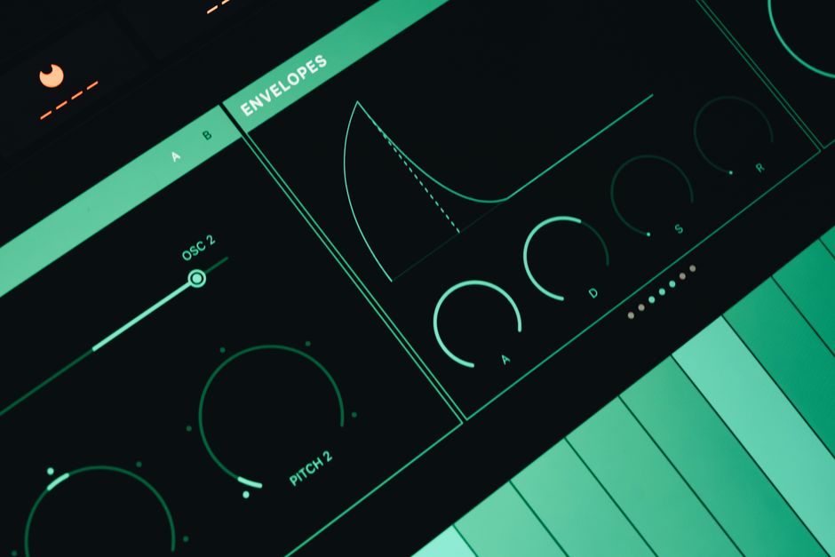 Close-up view of a synthesizer interface showing envelopes and oscillators.