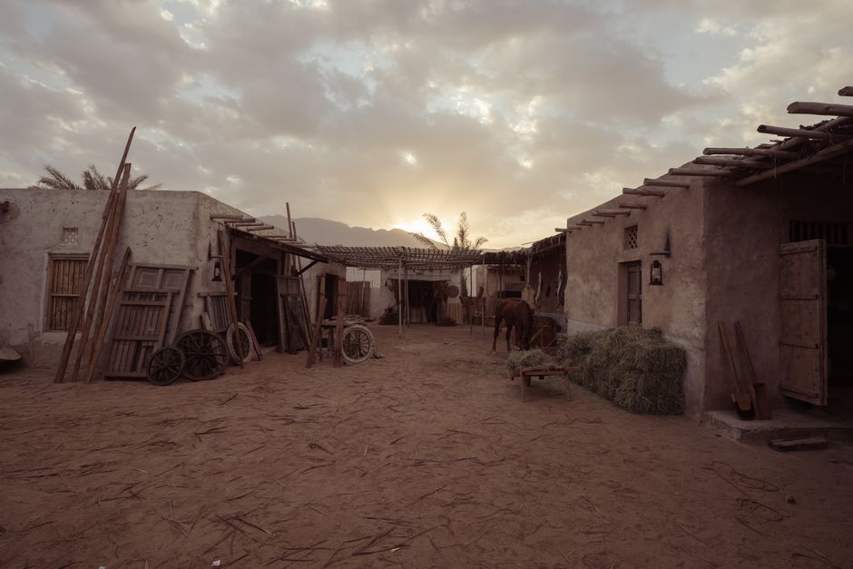 Rustic desert village scene with adobe houses and a horse at sunset.