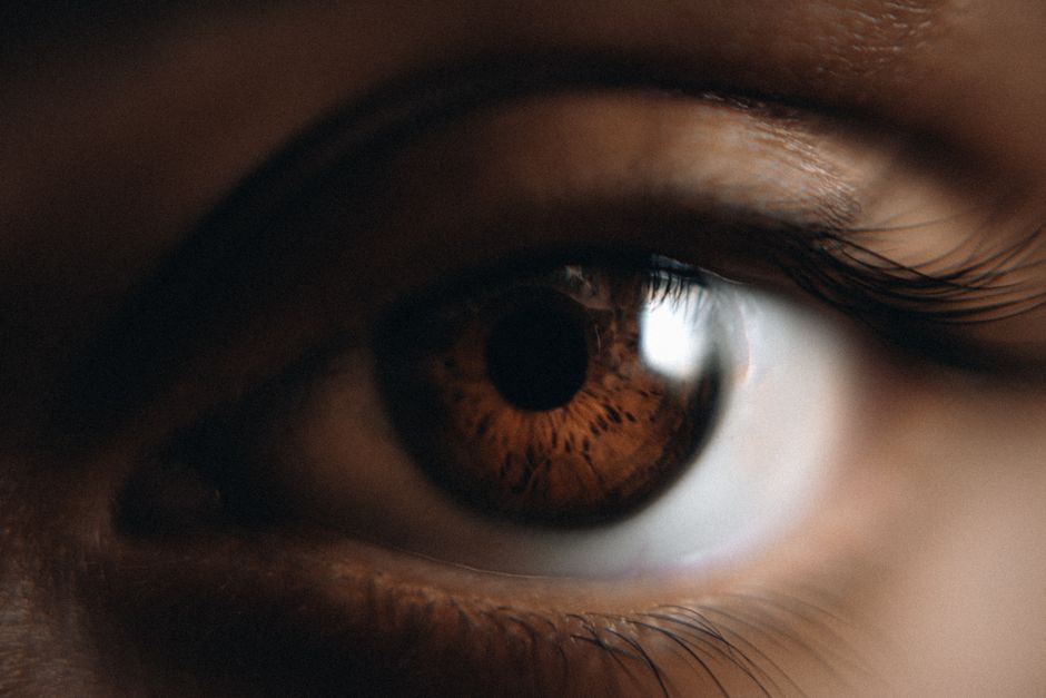 Detailed macro shot of a human eye with rich brown iris and natural lighting.