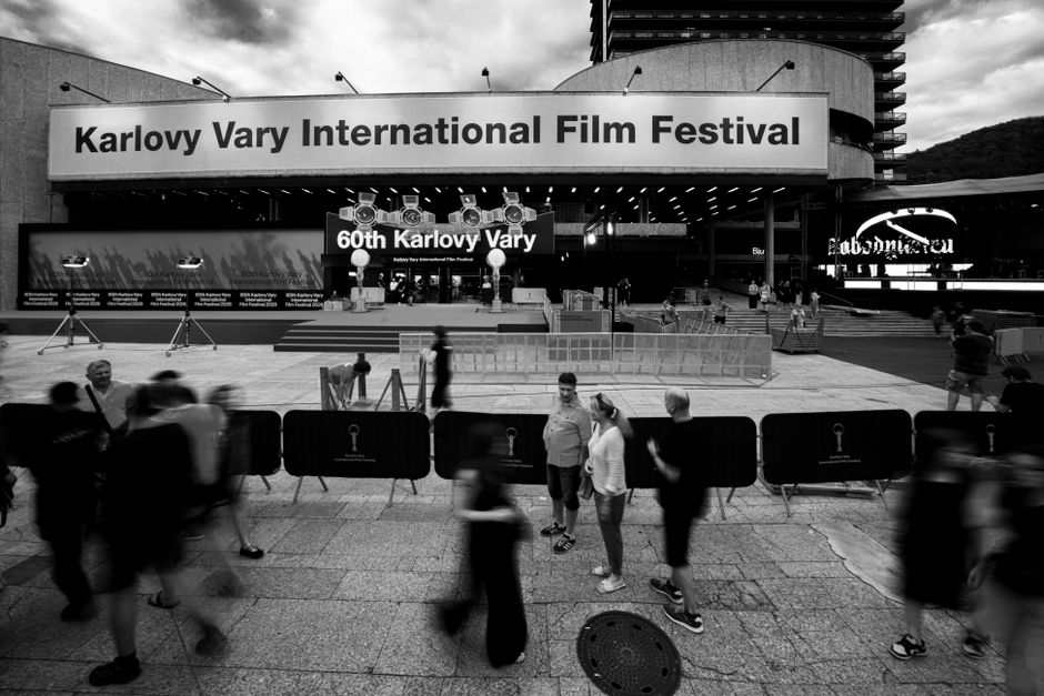People at the 60th Karlovy Vary International Film Festival in black and white.
