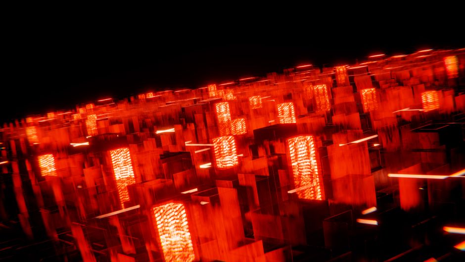A surreal abstract digital cityscape illuminated by vibrant red neon and LED lights, creating a futuristic ambiance.