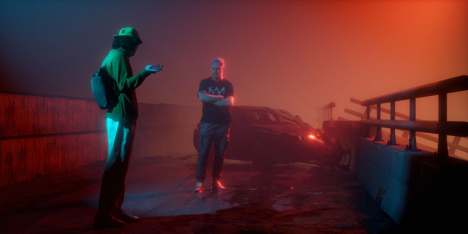 Moody 3D render capturing an urban scene with dramatic lighting and fog.