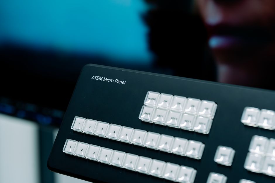 Detailed view of an ATEM Micro Panel used for video production control in a studio environment.