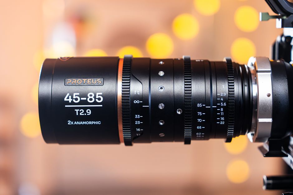 Detailed close-up of Proteus 45-85mm T2.9 2x Anamorphic lens featuring bokeh background.