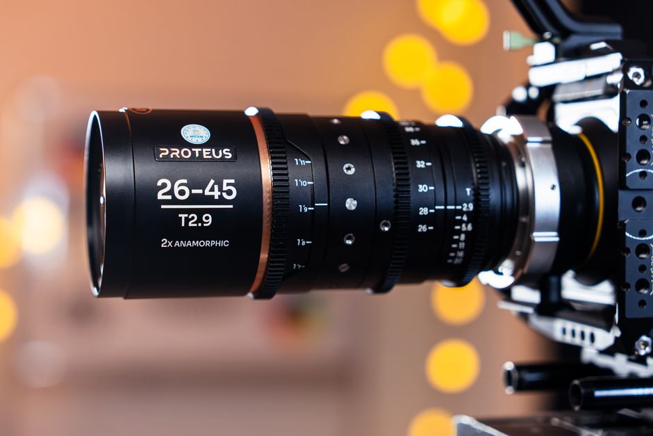 Detailed shot of Proteus 26-45 T2.9 lens on professional camera, perfect for cinematography visuals.
